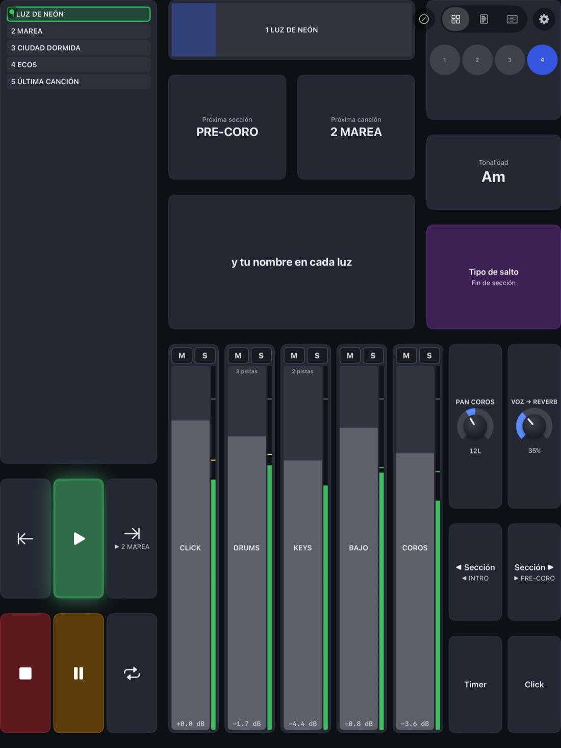 Canvas de AbleSync en un iPad vertical: setlist a la izquierda, próxima sección y próxima canción, la letra en grande, tonalidad, cinco faders con su medidor en dB, dos perillas (paneo de coros y envío de voz a la reverb) y botones de transporte.